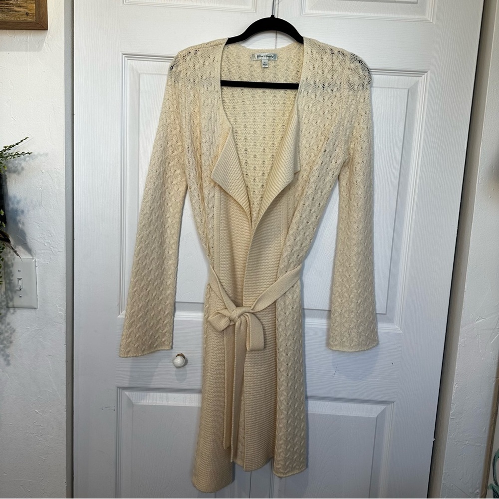 Beth Bowley 100% Wool Long Belted Duster Cardigan Cream Size Small
